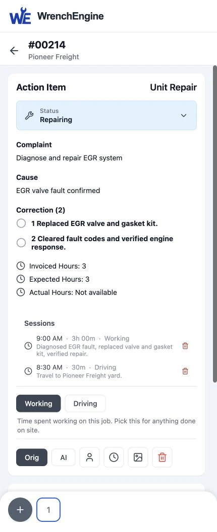 Fictional mobile work order for Pioneer Freight unit 214